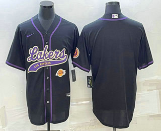 Mens Los Angeles Lakers Blank Black With Patch Cool Base Stitched Baseball Jersey